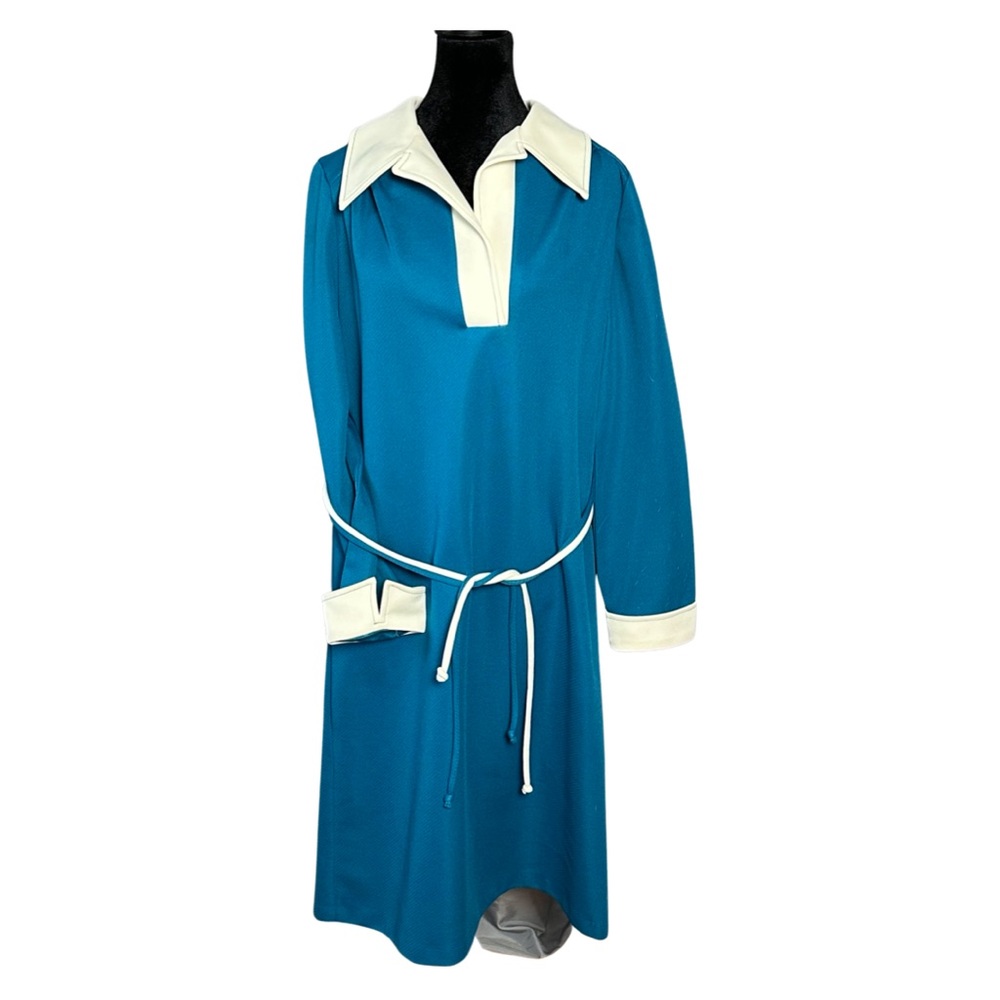 Vintage 70s B Collat Cuff Blue & White Rope Belt Women Midi Dress Size 16